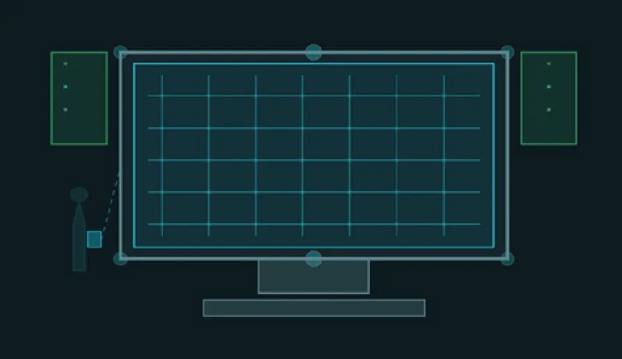 An illustration of a television on a repair grid, with a technician beside it