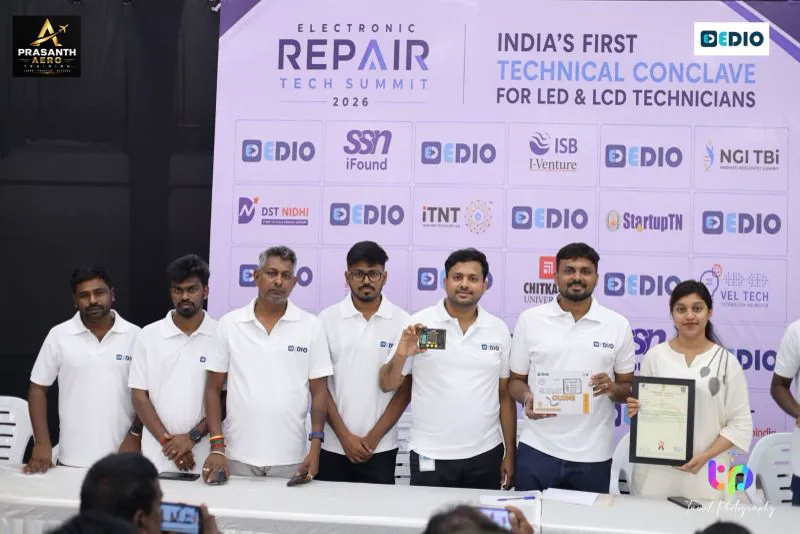 The stage at EDIO’s Electronic Repair Conclave, with partner logos behind it